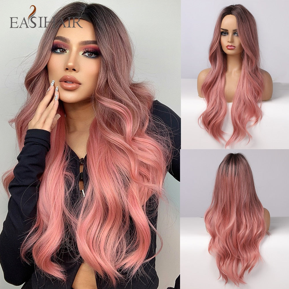 Long brown mixed blonde synthetic wig with natural waves and bangs, heat-resistant daily cosplay accessory for women.