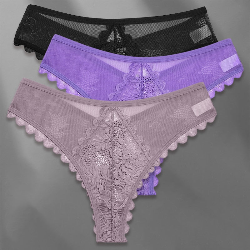 Three lace G-string panties from The Clothing Company Sydney, soft and revealing lingerie Thongs for women in a set.