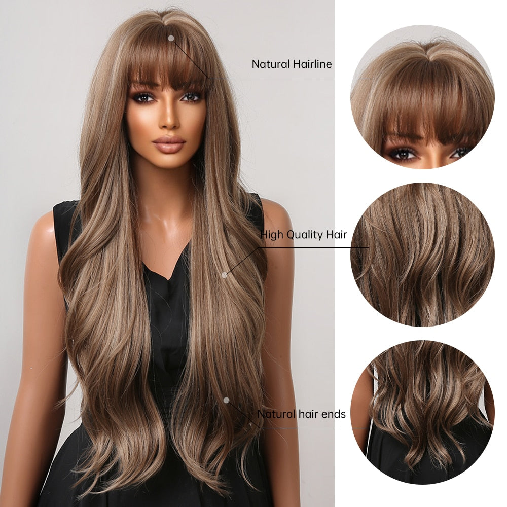 Long wavy brown and blonde synthetic wig with bangs, heat-resistant hair, suitable for daily wear or cosplay by women.