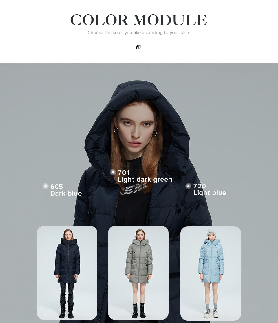 Women's winter jacket by The Clothing Company Sydney, hooded, stand collar, windproof coat with big pockets and mid-length design.
