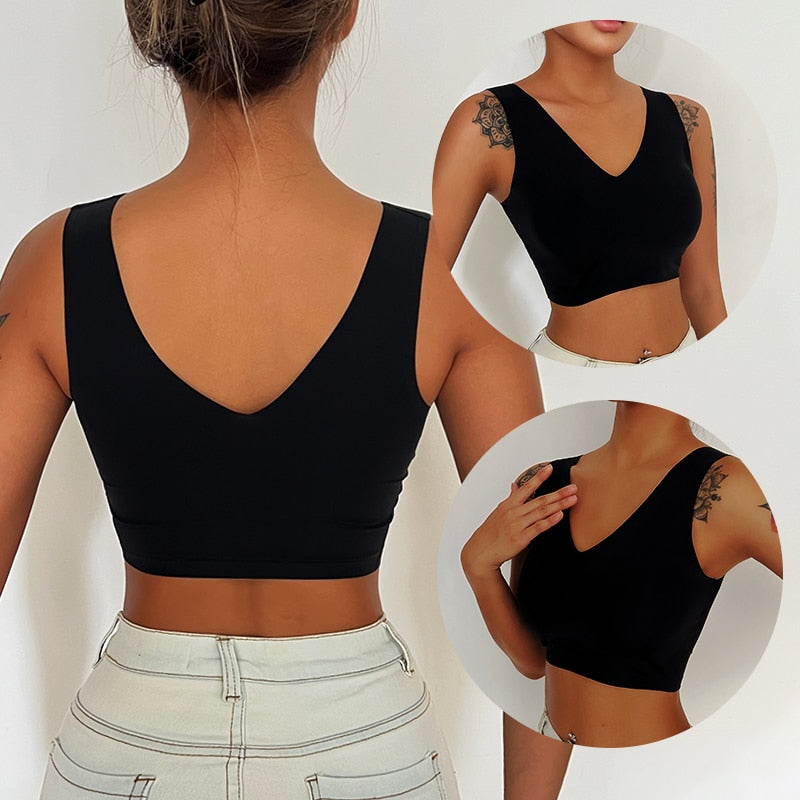 Seamless sports bra from The Clothing Company Sydney featuring a deep V plunge design, push-up padding, and bralette style lingerie.