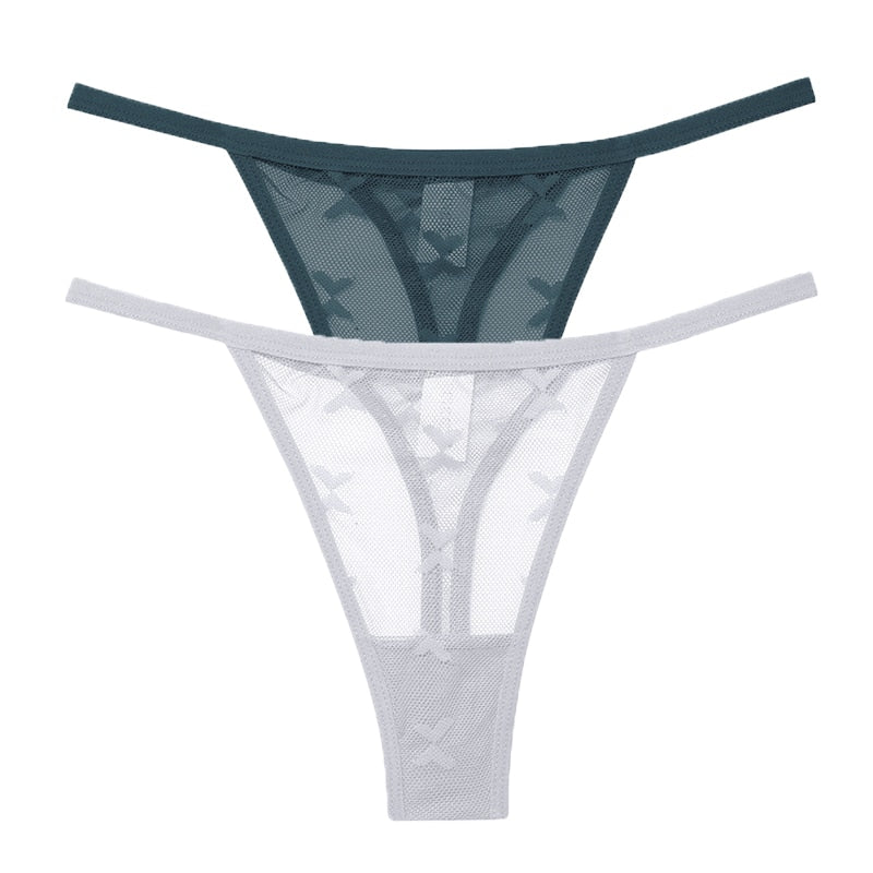 Two-pack of transparent mesh G-string panties from The Clothing Company Sydney, seamless and breathable women's lingerie.