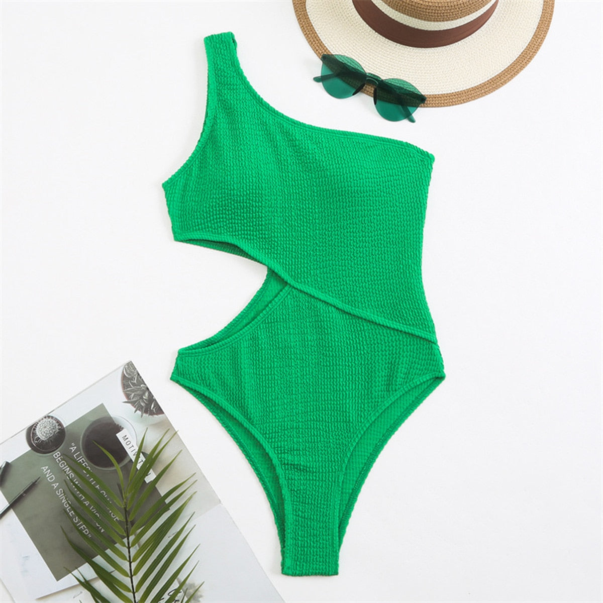 One-shoulder solid ribbed swimsuit by The Clothing Company Sydney, stylish monokini with beach-ready design and flattering fit.