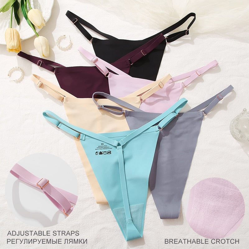 Three pairs of seamless women G-string panties from The Clothing Company Sydney, featuring adjustable straps and ice silk material.