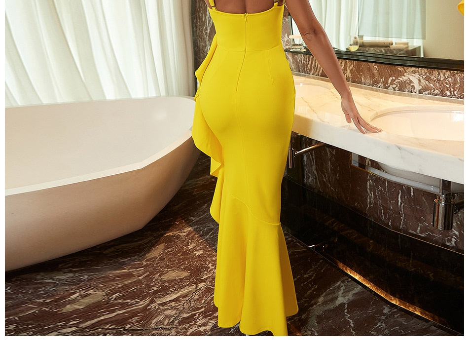Yellow spaghetti strap summer dress by The Clothing Company Sydney featuring ruffles, V-neck, sleeveless design, perfect for casual or party wear.