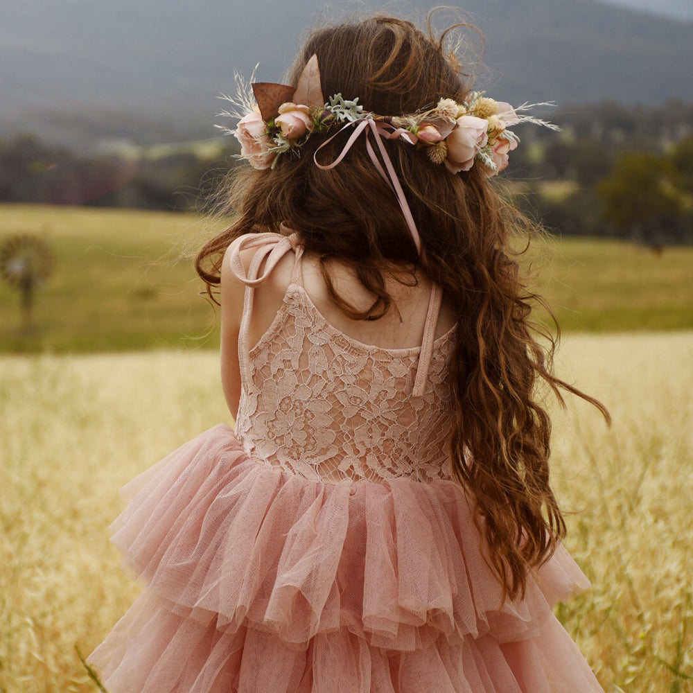 Summer girls' casual princess tulle dress by The Clothing Company Sydney, sleeveless with layered flower accents for birthday parties.