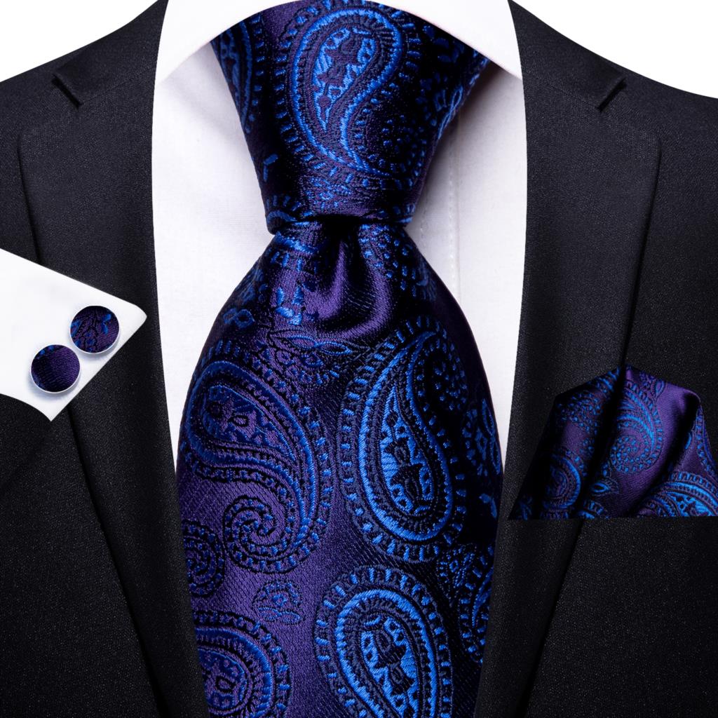 Blue silk business tie with dot pattern, plaid design, cufflinks, and matching accessories for men, 150cm long.