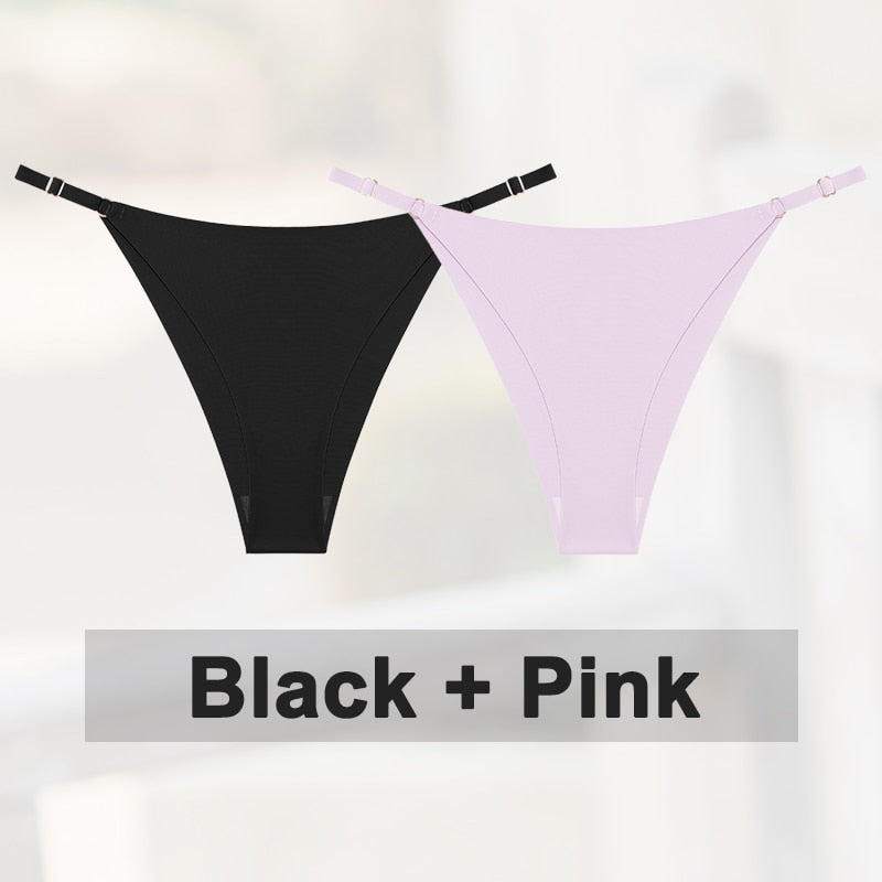 Two seamless silky G-string thongs from The Clothing Company Sydney with low-rise fit and adjustable waistband straps.