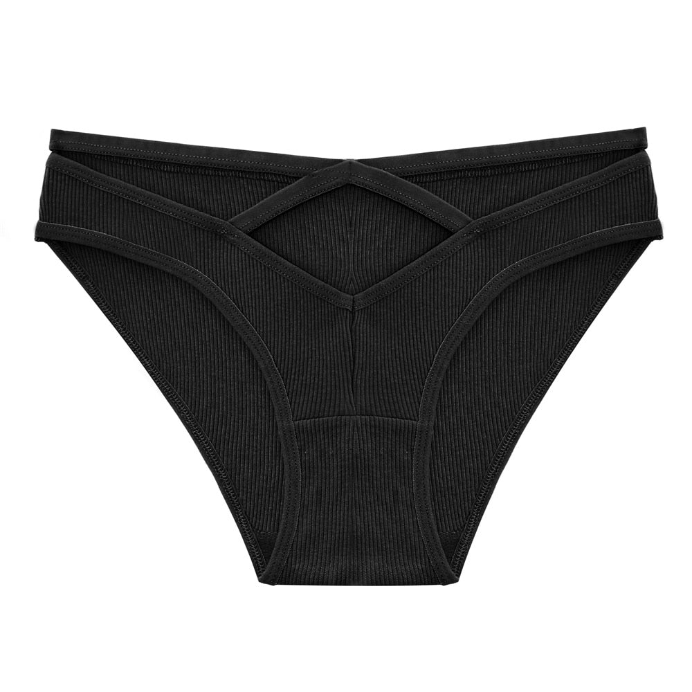 Three pack of low-rise cotton blend briefs with front cross design, hollow out style, from The Clothing Company Sydney.