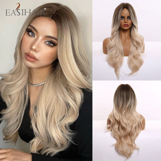 Ombre Brown Light Blonde Platinum Long Wavy Middle Part Hair Wig Cosplay Natural Heat Resistant Synthetic Wig for Women The Clothing Company Sydney