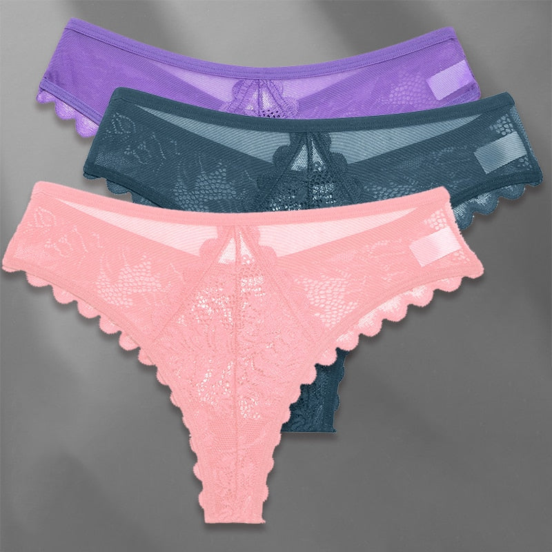 Three lace G-string panties from The Clothing Company Sydney in soft, feminine lingerie style with delicate straps and lace details.