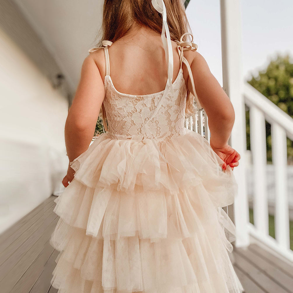 Summer girls' sleeveless princess beach dress by The Clothing Company Sydney with layered tulle, floral accents, perfect for parties.