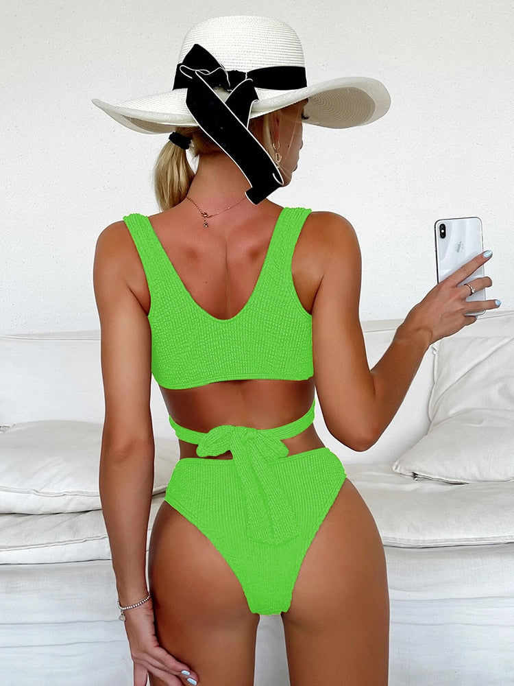 Metal ring textured bikini swimsuit set with push-up design, bandage style, and beach-ready swimwear from The Clothing Company Sydney.