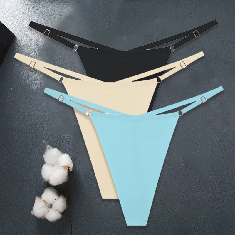 Three-pack of seamless women G-string underwear from The Clothing Company Sydney, featuring adjustable straps and ice silk fabric.