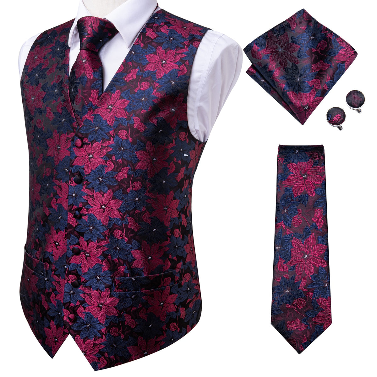 Luxury men's vest and tie set featuring paisley, floral, and plaid patterns in blue, gold, red, and silver from The Clothing Company Sydney.