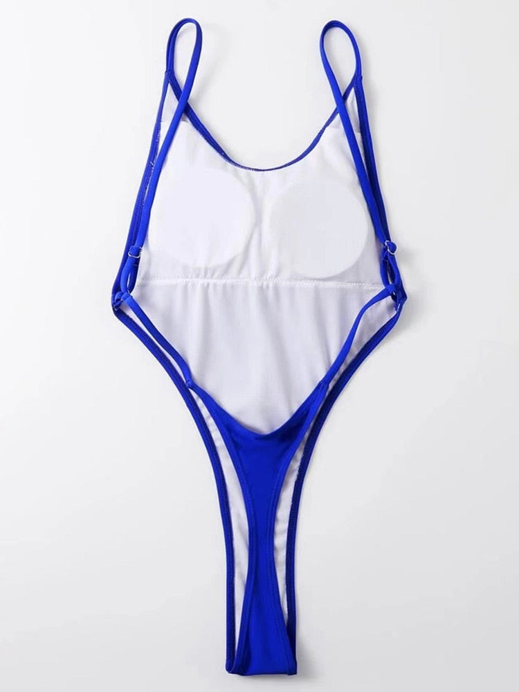 Backless high-leg one-piece swimsuit by The Clothing Company Sydney featuring thong cut and Brazilian style for women.