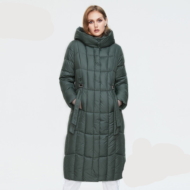 Long women's winter coat by The Clothing Company Sydney, warm plaid parka with hood, thick, stylish jacket in large sizes