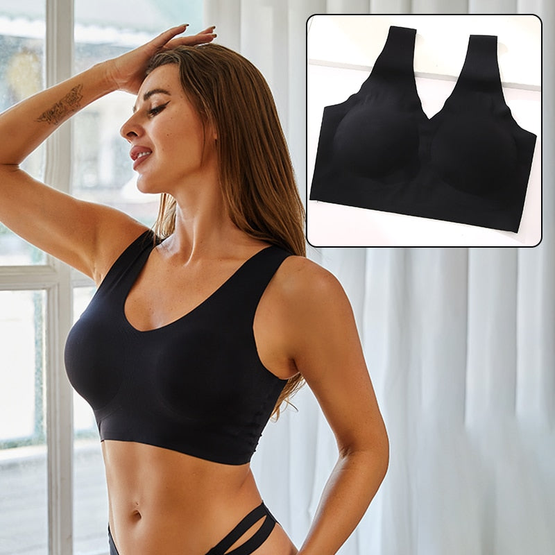 Seamless plunge sports bra top by The Clothing Company Sydney with push-up padding, deep V neckline, and bralette style lingerie.