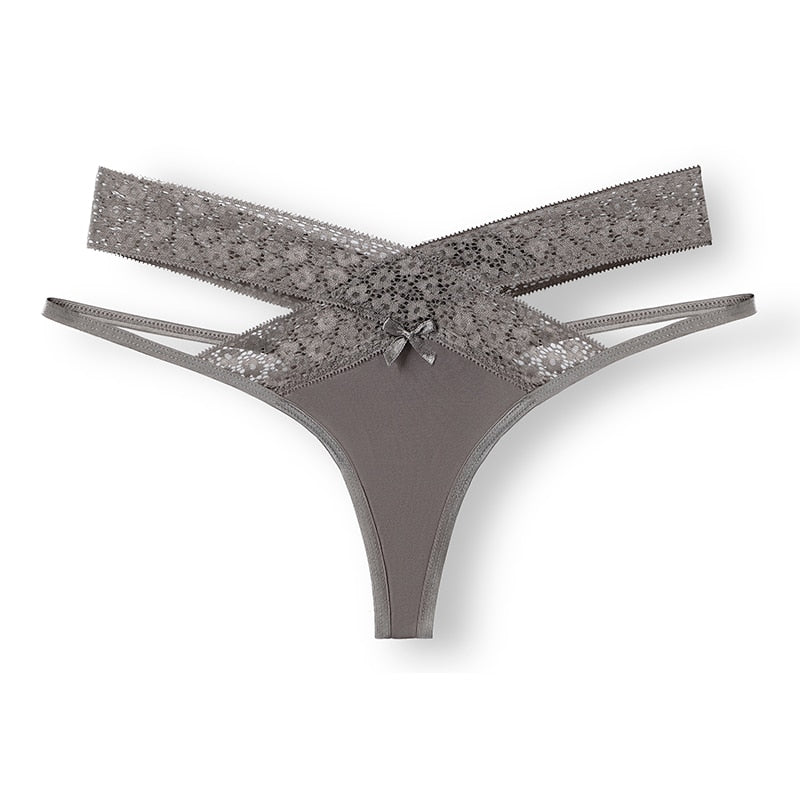 Seamless lace bandage G-string low-rise panties from The Clothing Company Sydney, transparent hollow lingerie thong on a white background.