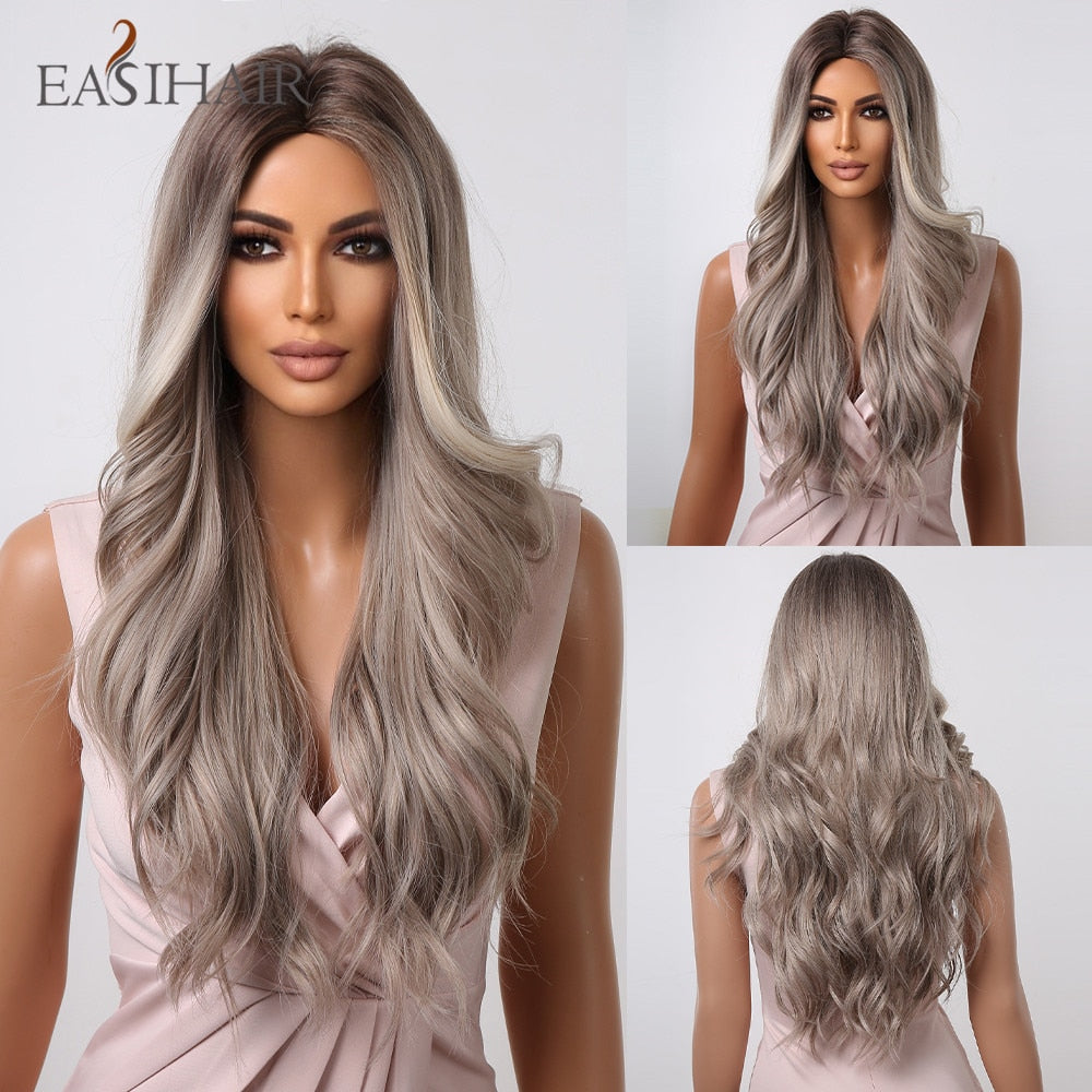 Long natural wavy synthetic wig with brown and blonde tones, featuring bangs, for women’s daily wear and cosplay, heat-resistant hair.