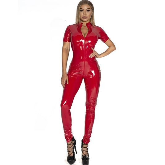 Short Sleeve Zipper Glossy Catsuit Shiny Porn Jumpsuit Clubwear Wetlook PVC Sexy Tights Patent Leather Bodysuit The Clothing Company Sydney