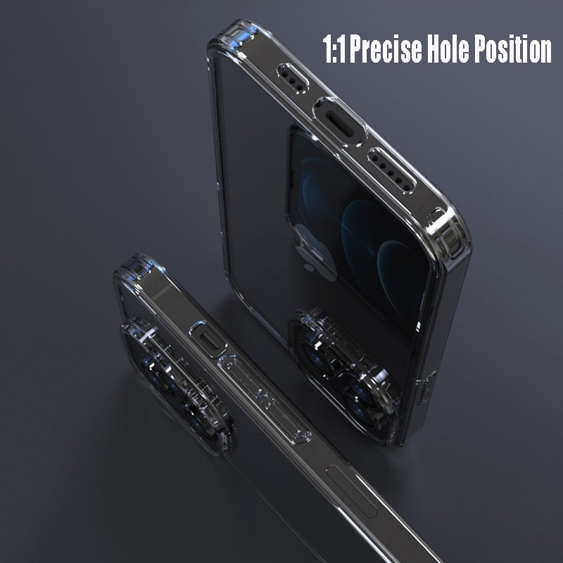 Clear tempered glass phone case for iPhone and Samsung models, showcasing a transparent hard design with precise cutouts.