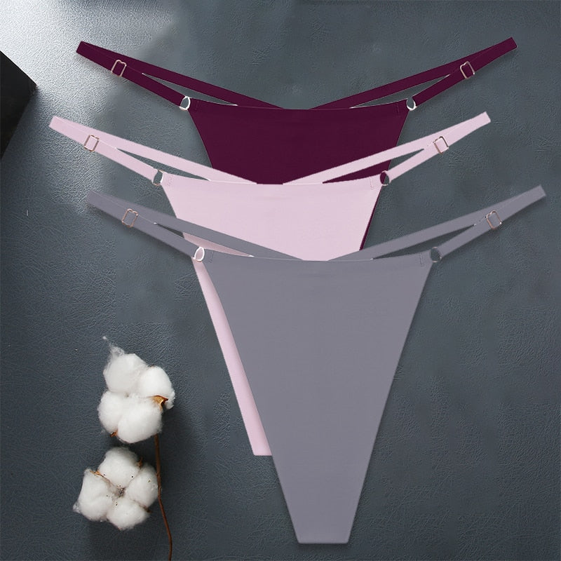 Three pack of seamless women G-string lingerie by The Clothing Company Sydney, featuring adjustable straps and ice silk fabric.