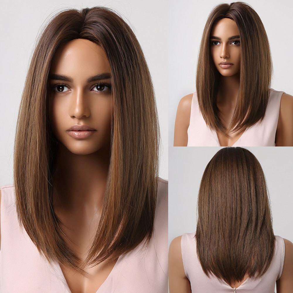 Blonde to brown ombre short straight synthetic wig with bangs, heat-resistant cosplay accessory for women, styled in a bob cut.