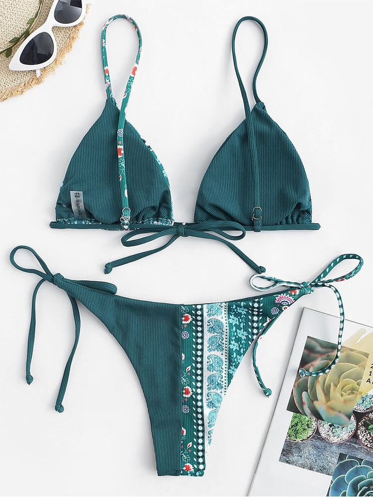 Two-piece bohemian paisley print bikini set with ribbed fabric, halter top, and tie-side bottoms in colorblock style by The Clothing Company Sydney
