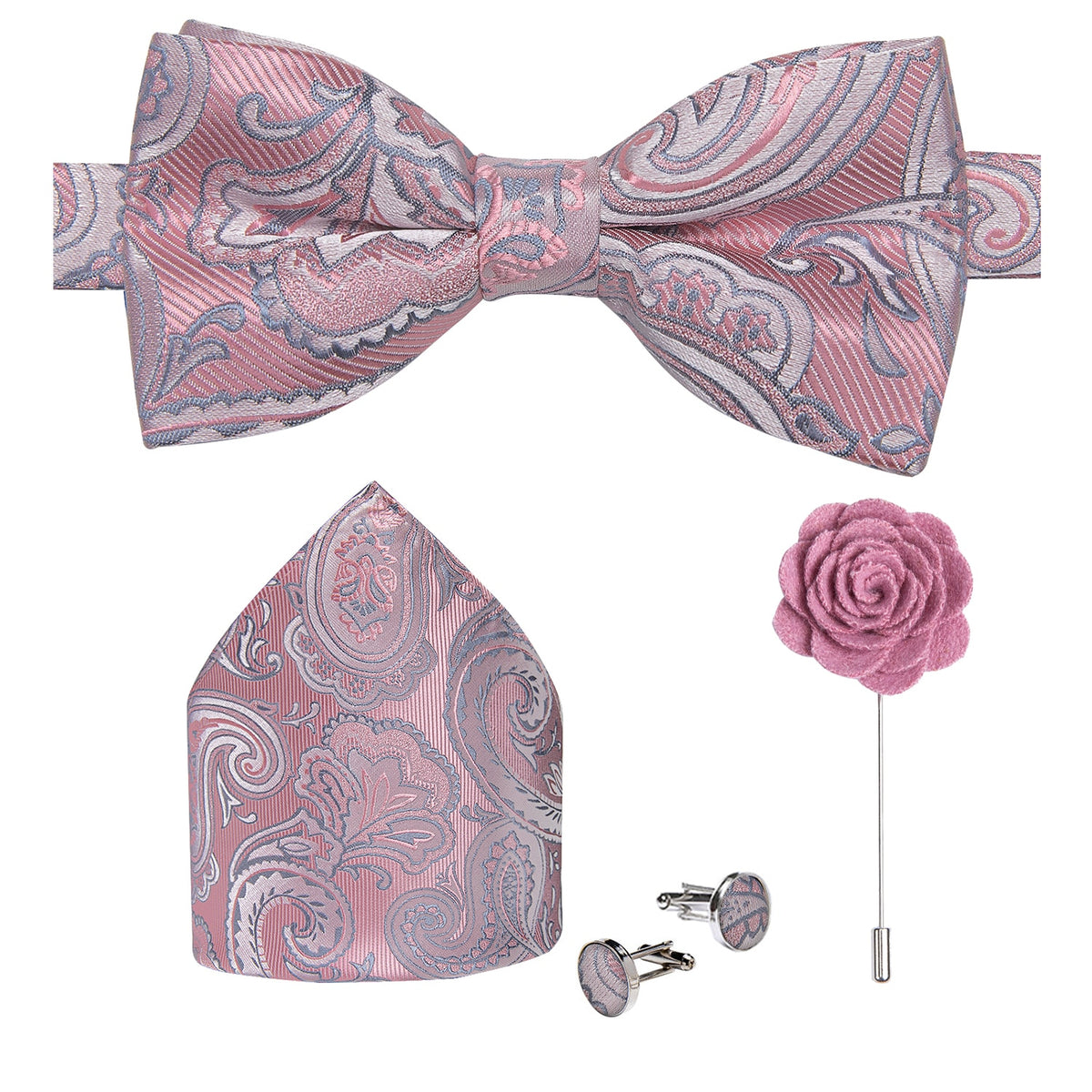 Red pre-tied wedding bow tie, silk butterfly knot, cufflinks, and corsage set for men, elegant accessories for formal parties.