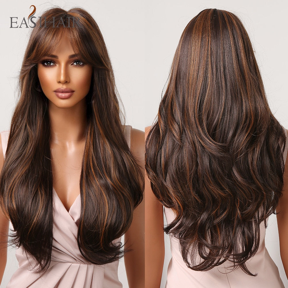 Long wavy synthetic wig with brown and blonde tones, featuring bangs, designed for women’s daily wear and cosplay, heat resistant.