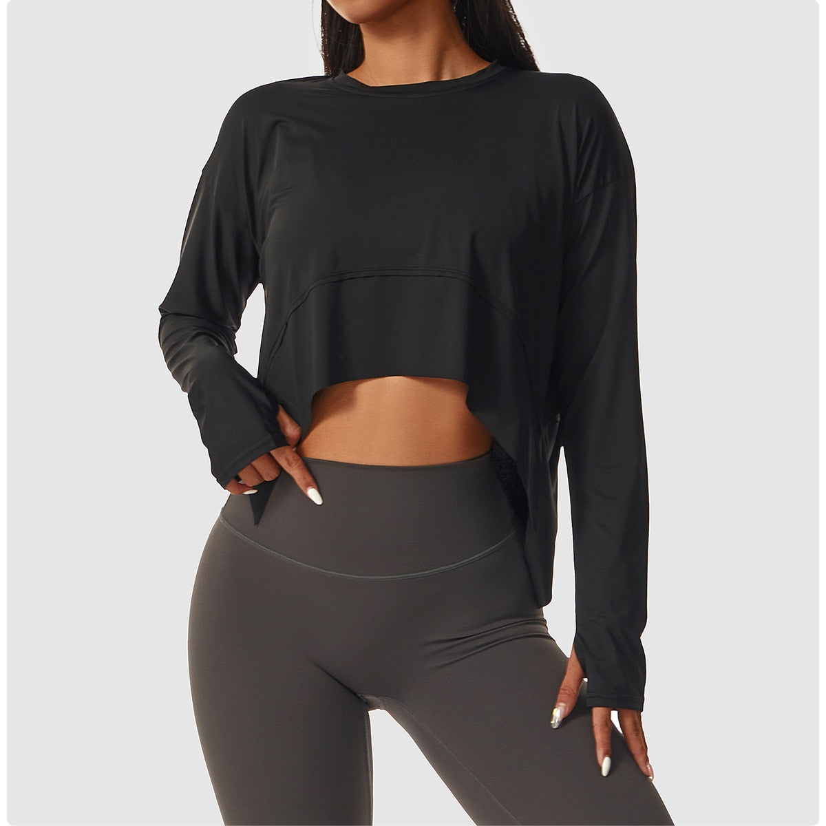 Women's high-elastic long sleeve workout crop sweatshirt by The Clothing Company Sydney, ideal for cycling, running, and fitness training.