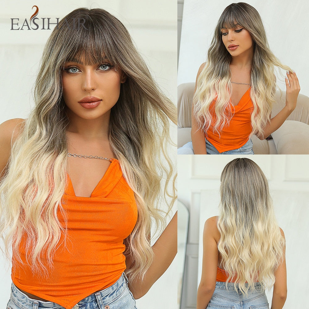Long wavy synthetic wig in brown and blonde with bangs, heat-resistant, for women’s daily wear or cosplay by The Clothing Company Sydney