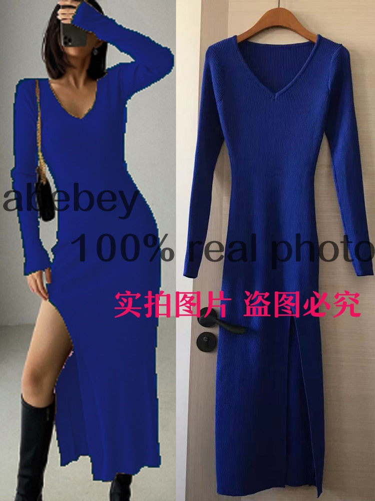Slim fit long sleeve slit sweater dress by The Clothing Company Sydney, featuring a tight knit over-the-knee design.