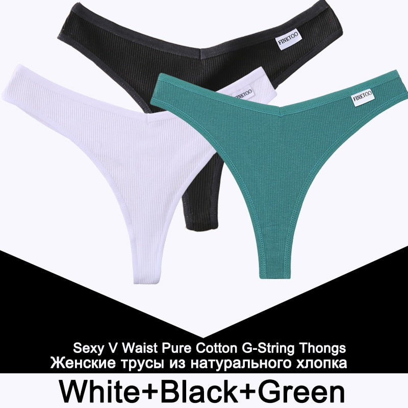 Three cotton V-waist G-string panties for women, T-back thong lingerie set by The Clothing Company Sydney, comfortable and breathable.