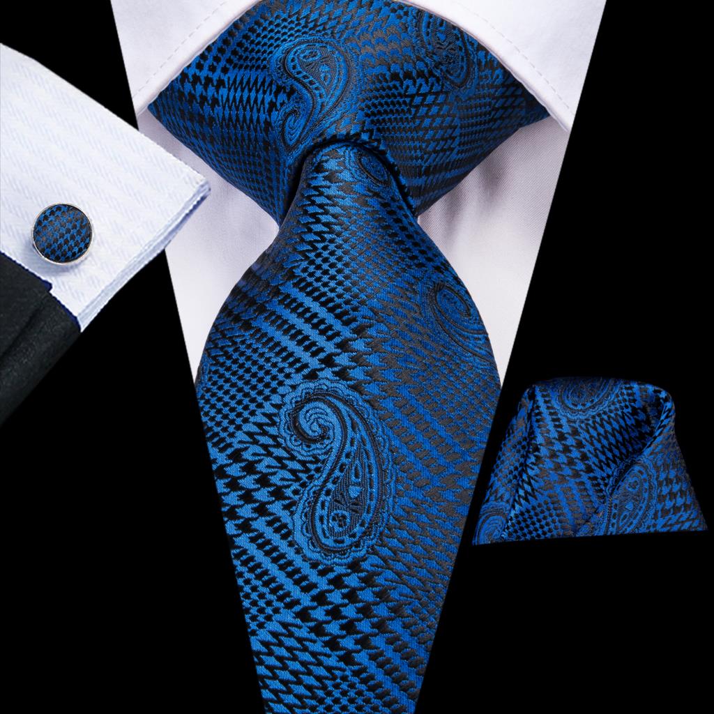 Blue silk men's business tie with dots, plaid design, includes cufflinks, 150cm, from The Clothing Company Sydney.