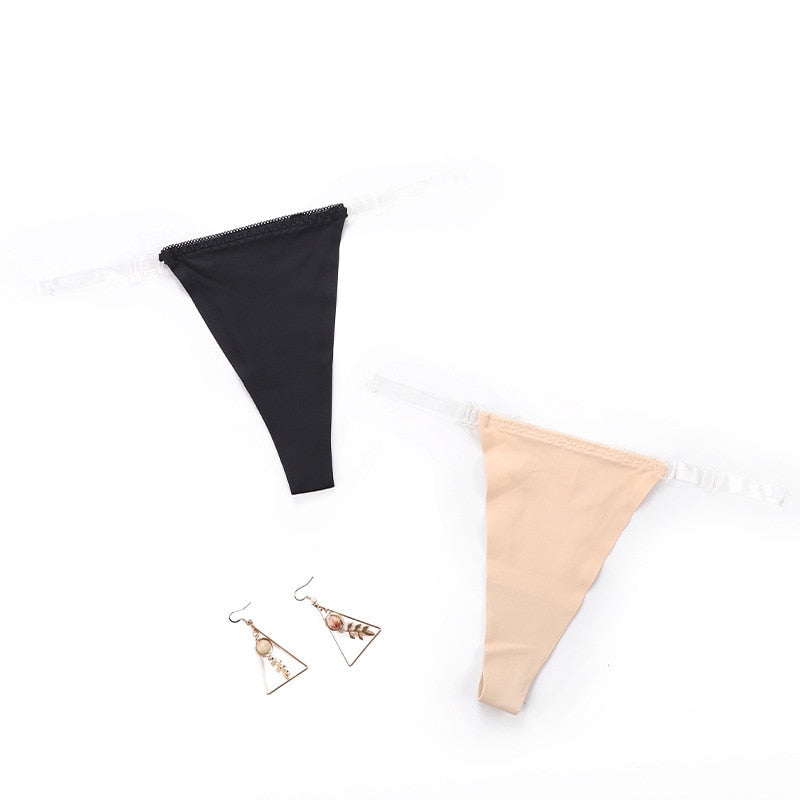 Two women's nylon thong panties with clear transparent straps and T-back design, invisible under clothing, by The Clothing Company Sydney.