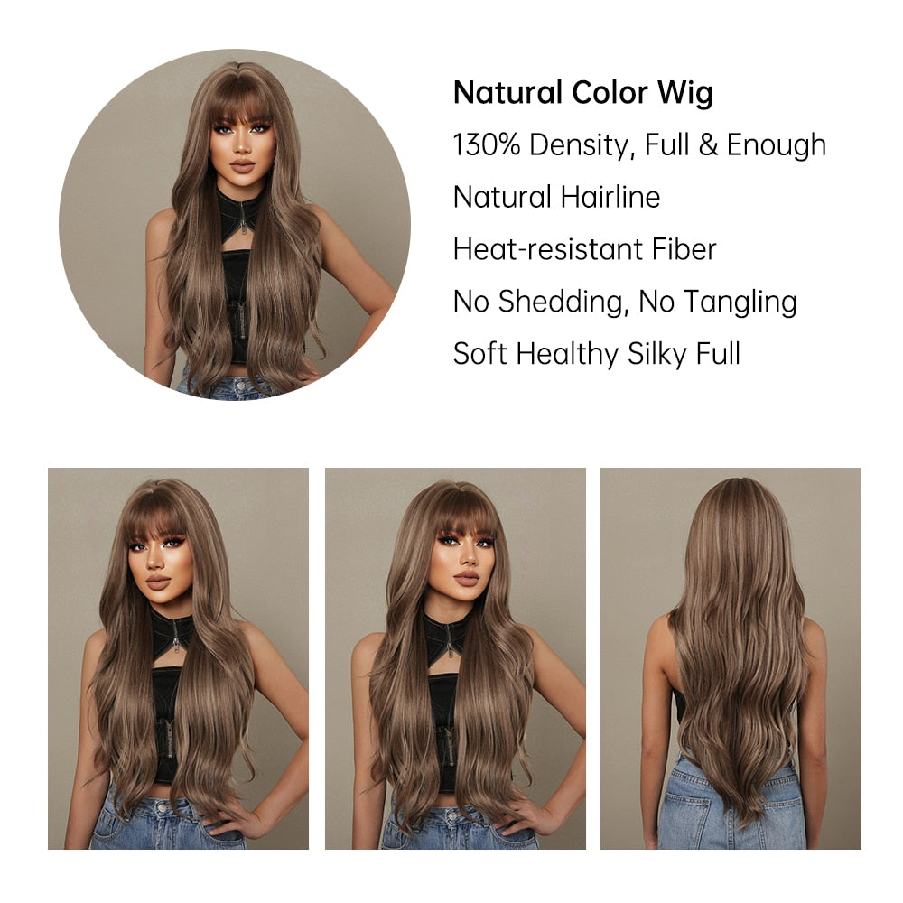 Long wavy brown and blonde synthetic wig with bangs for women, heat-resistant, daily wear, cosplay accessory by The Clothing Company Sydney