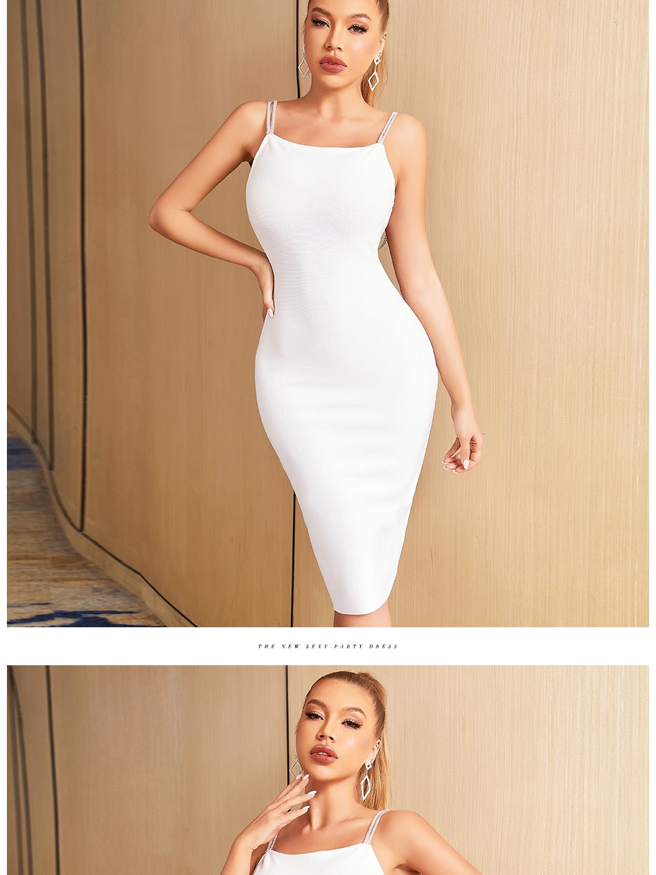 Backless bandage summer dress with spaghetti straps, adorned with diamonds, perfect for evening parties and runway events.