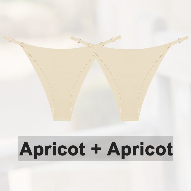 Two pack of seamless silky G-string thongs from The Clothing Company Sydney, low-rise lingerie with adjustable waistband and hipster style.