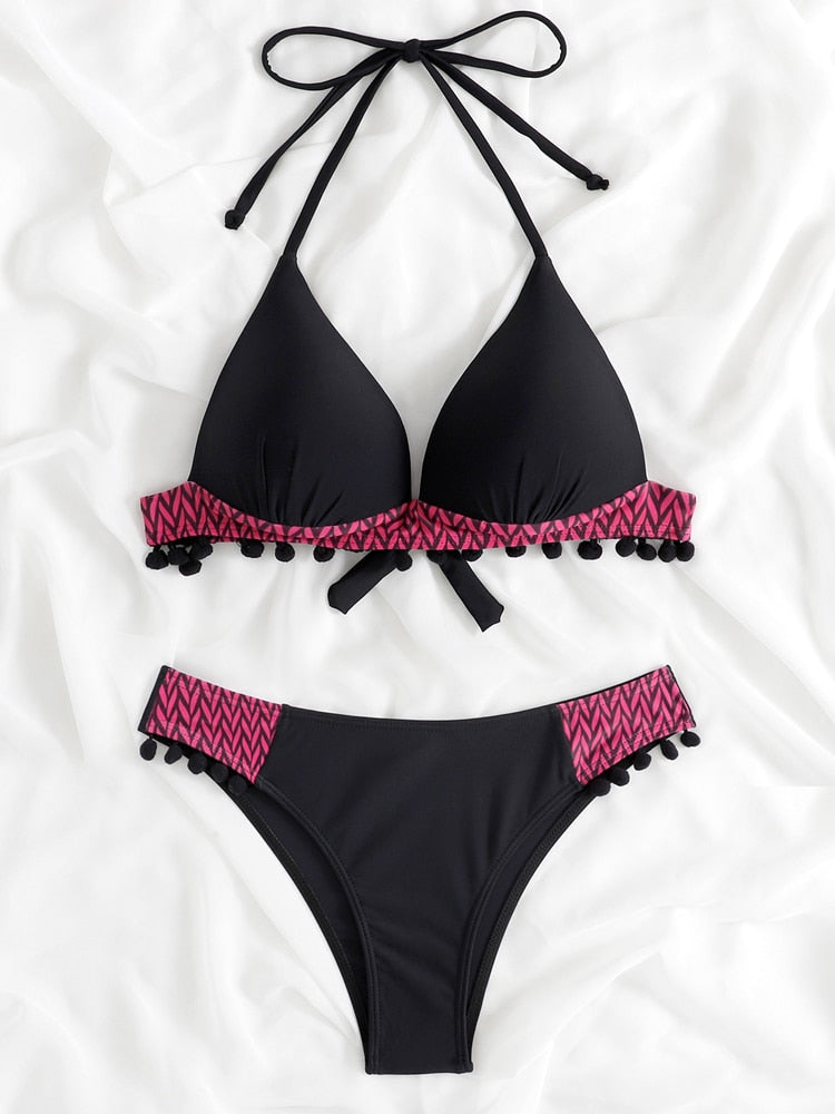 Black leopard print bikini set with tassel details, push-up style, from The Clothing Company Sydney, ideal for summer beach wear.