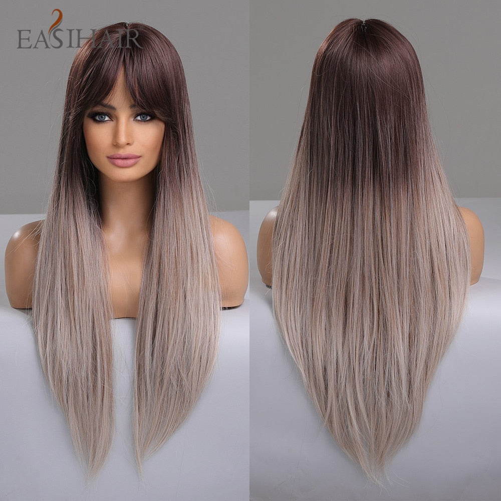 Brown straight synthetic wig with bangs, layered style, heat-resistant for women’s daily, cosplay, or party accessories.