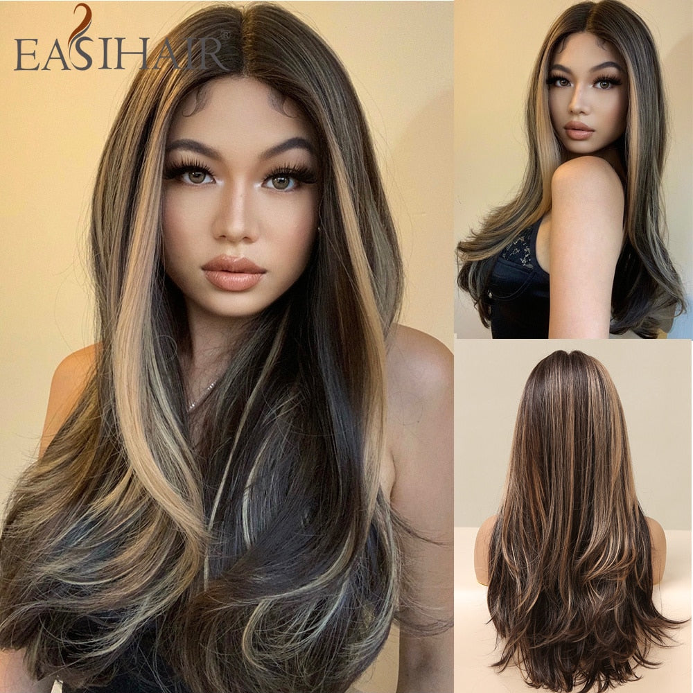 Long wavy synthetic wig with brown, gray, and blonde ombre shades, middle part, heat resistant, for women cosplay and daily wear