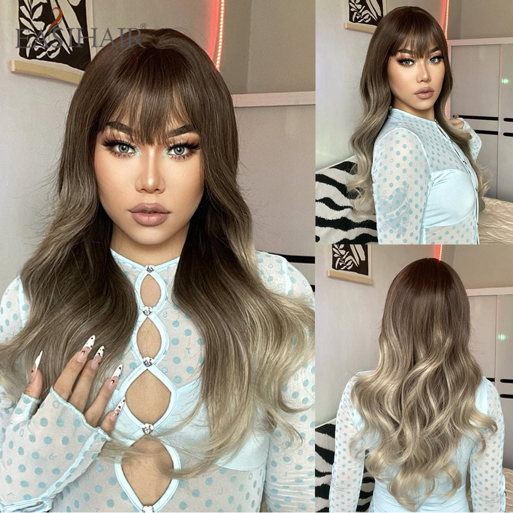 Long brown mixed blonde synthetic wig with natural waves and bangs, heat-resistant cosplay hair accessory for women.