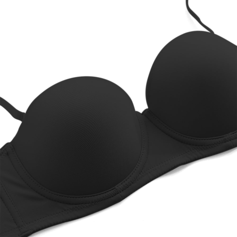 Black strapless seamless bralette from The Clothing Company Sydney, featuring 1/2 cup design and detachable shoulder straps.