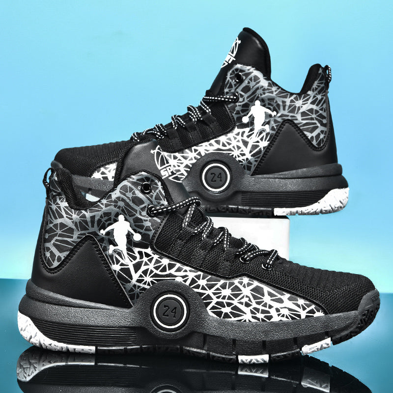 Kids basketball sneakers by The Clothing Company Sydney, breathable and comfortable student shoes for boys and girls, shown in white and blue.