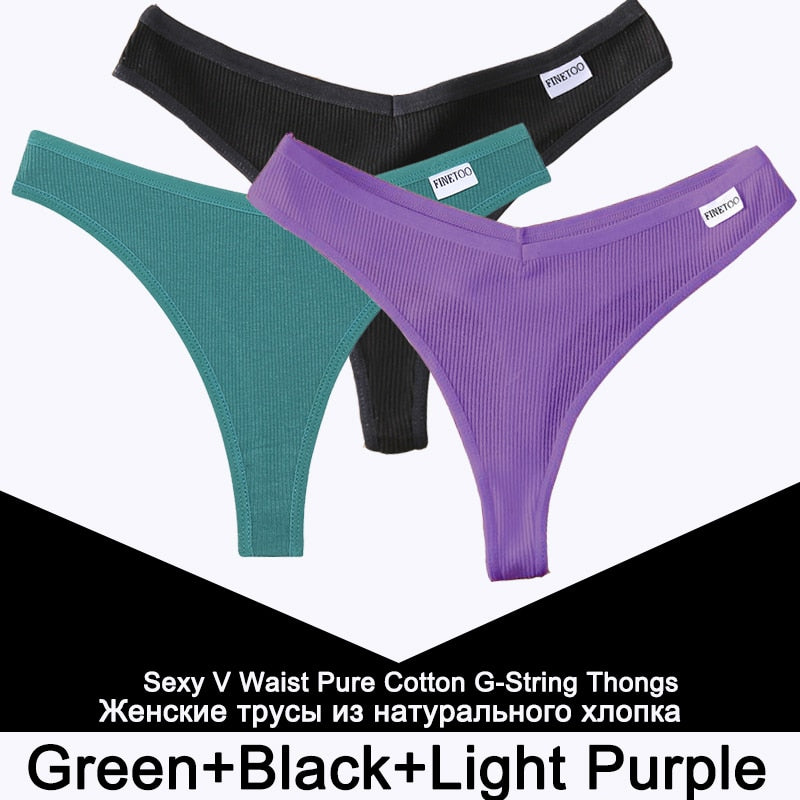 Three cotton V-waist G-string women’s panties from The Clothing Company Sydney featuring T-back thong design and comfortable lingerie style.