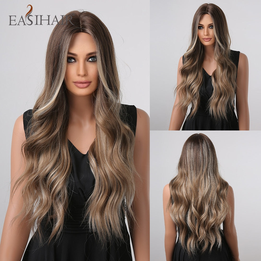 Brown mixed blonde synthetic wig with long natural waves, bangs, heat-resistant for women’s daily cosplay and fashion.