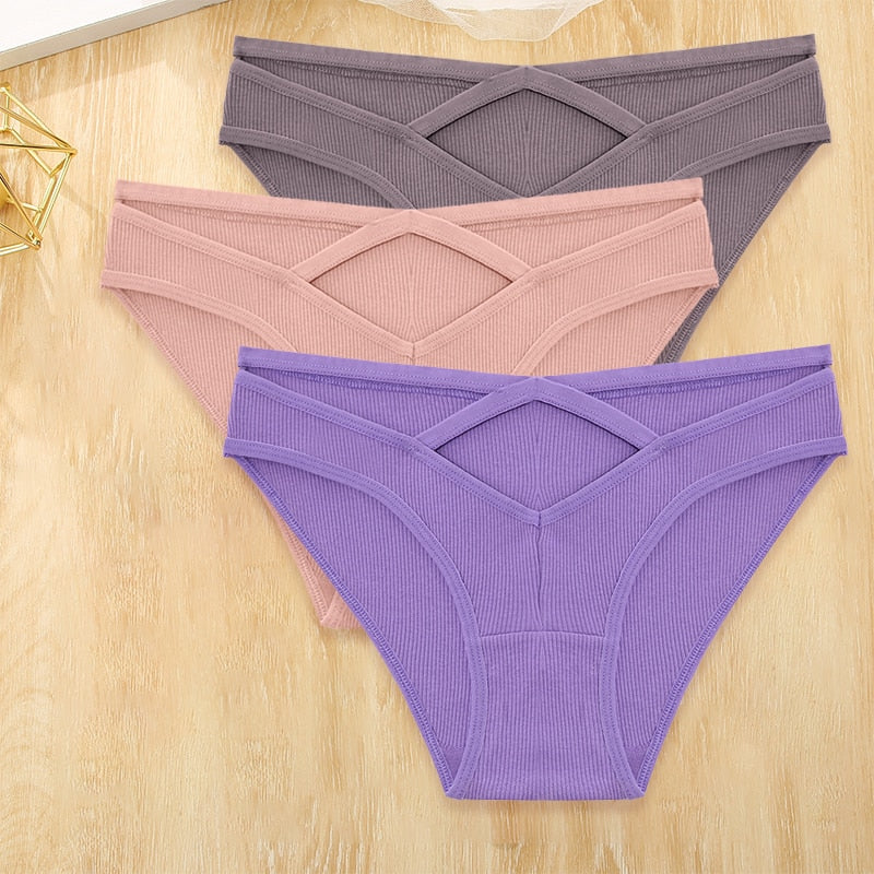 Three cotton blend low-rise briefs with front cross design, hollow out details, from The Clothing Company Sydney lingerie collection.
