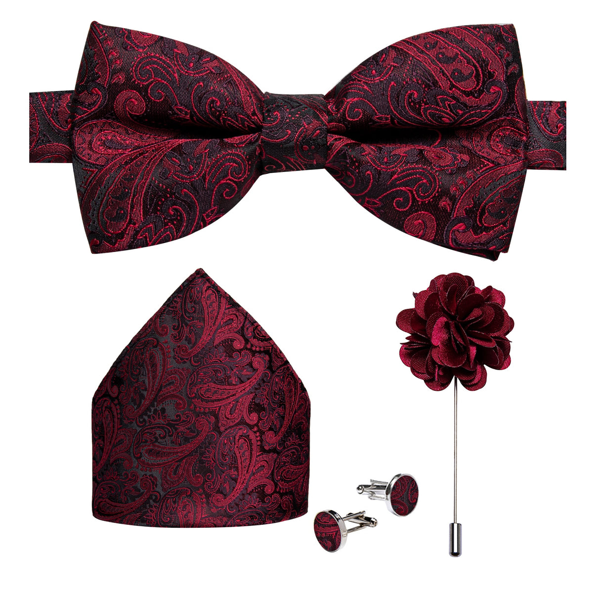 Classic red pre-tied men's wedding bow tie set with silk butterfly knot, cufflinks, and corsage for formal parties and special occasions.